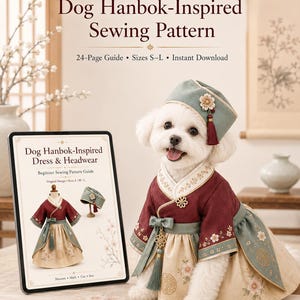 Hund Hanbok-inspirerat sömnadsmönster PDF, klänning och huvudbonad, storlekar S–L