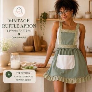 Op de afbeelding: Een saliegroen schort met een witte zak en een geplooide zoom, voorzien van een patroonstof op de schouderbanden en tailleband. De tekst op de afbeelding luidt: VINTAGE RUFFLE APRON SEWING PATTERN, One Size Adult, PDF PATTERN, A4, US LETTER, A0, SEWING GUIDE.