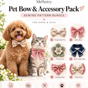 Puede incluir: Un paquete de patrones de costura digitales titulado MrPantry Pet Bow & Accessory Pack para perros y gatos. Incluye seis estilos: pajarita clásica, lazo marinero, lazo de flor, cuello marinero, lazo bandana y lazo con volantes, con patrones A4/A0 imprimibles.