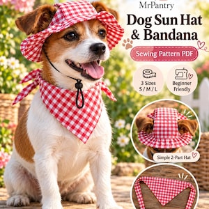 Puede incluir: Un patrón de costura en PDF para un sombrero de sol y un pañuelo para perro con un patrón de cuadros vichy rojo y blanco. El patrón incluye instrucciones para tres tallas, S, M y L, con un diseño de sombrero simple de dos partes.