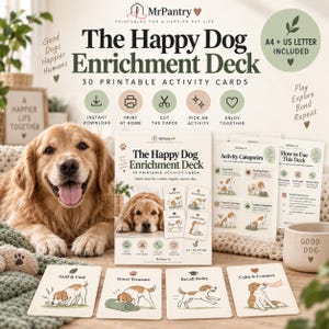 以下が含まれることがあります： Happy Dog Enrichment Deckは、犬のイラストが描かれた30枚の印刷可能なアクティビティカードセットです。「Sniff & Find」、「Towel Treasure」、「Recall Relay」、「Calm & Connect」などのタイトルが含まれています。自宅での印刷、カット、カードの使用方法に関する説明書が含まれており、A4およびUSレターサイズに対応しています。