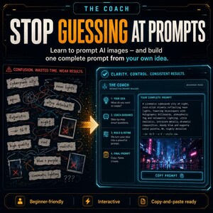 Puede incluir: Una interfaz digital titulada The Coach que presenta una guía para crear prompts de IA. El lado izquierdo muestra una red caótica de palabras clave garabateadas como cyberpunk city. El lado derecho muestra un panel de creación estructurado.