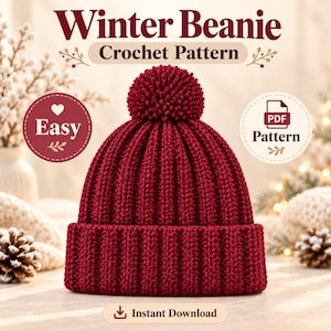 Beanie Crochet  Pattern | Ribbed Winter Hat | Easy Crochet PDF Pattern | Pom Pom