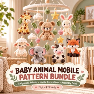 Mönster för virkad babymobil | 7 amigurumi-djur | Virkning för mellanstadiet i PDF-format | Dekorationer och monteringsguide för babysängmobiler