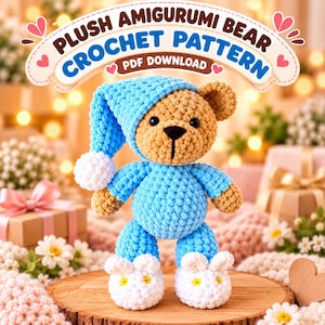 Patrón de ganchillo para osito de peluche / Amigurumi de peluche Sleepy Sage / Patrón de ganchillo de nivel intermedio / PDF de osito de peluche con pijama de chenilla