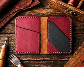 Leather Card Holder Wallet, Burgundy Black Bifold Wallet, Minimalist Slim Wallet for Men, Handmade Leather Card Case, Gift for Him,