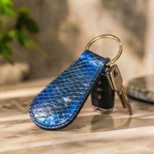 Handmade Blue Python Leather Keychain, Handstitched Steel Ring, Luxury Car Key Ring, Groomsmen Gift, Christmas Gift, Stocking Stuffer,