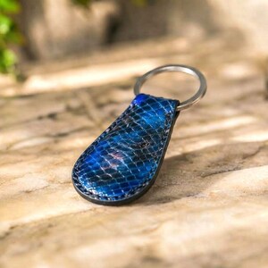Handmade Blue Python Leather Keychain, Handstitched Steel Ring, Luxury Car Key Ring, Groomsmen Gift, Christmas Gift, Stocking Stuffer,