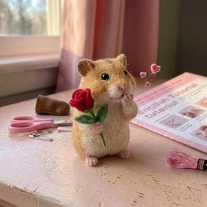 Könnte beinhalten: Eine nadelgefilzte Hamsterfigur mit hellbraunem und weißem Fell, die eine kleine rote Rose mit grünen Blättern hält. Der Hamster hat eine Pfote am Mund und ist von drei winzigen rosa Herzen umgeben. Ein Anleitungsheft ist daneben zu sehen.