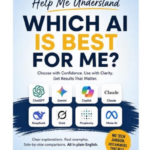 May include: A guide titled A Beginner-Friendly Guide to the Top 8 AI Platforms in 2026, featuring the text Help Me Understand WHICH AI IS BEST FOR ME? It displays logos for ChatGPT, Gemini, Copilot, Claude, DeepSeek, Grok, Perplexity, and Meta AI.