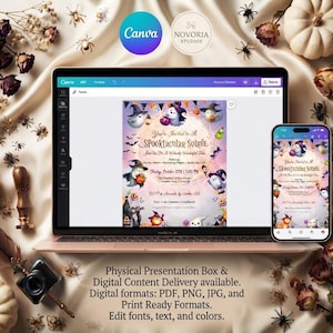 K&ouml;nnte beinhalten: Ein Laptop und ein Smartphone zeigen eine digitale Halloween-Partyeinladung mit Cartoon-Geistern, K&uuml;rbissen und Flederm&auml;usen. Der Text lautet You're Invited to a Spooktacular Soiree, Join Us for a Wickedly Wonderful Time, Friday, October 27th, 7:00 PM.