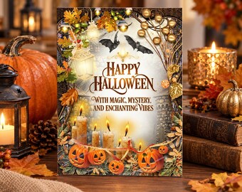 Könnte beinhalten: Ein rechteckiges Dekoschild mit dem Text Happy Halloween with magic, mystery, and enchanting vibes. Das Design zeigt Illustrationen von brennenden Kerzen, orangefarbenen Kürbissen, fliegenden Fledermäusen, goldenen Laternen und herbstlichen Blättern.