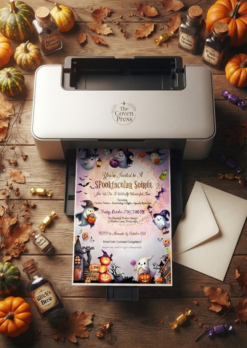 K&ouml;nnte beinhalten: Ein silberner Desktop-Drucker mit dem Logo The Coven Press druckt eine Halloween-Einladung mit dem Titel A Spooktacular Soir&eacute;e. Die Einladung zeigt Cartoon-Geister, K&uuml;rbisse und Flederm&auml;use mit Textdetails f&uuml;r eine Party am Freitag, den 27. Oktober.