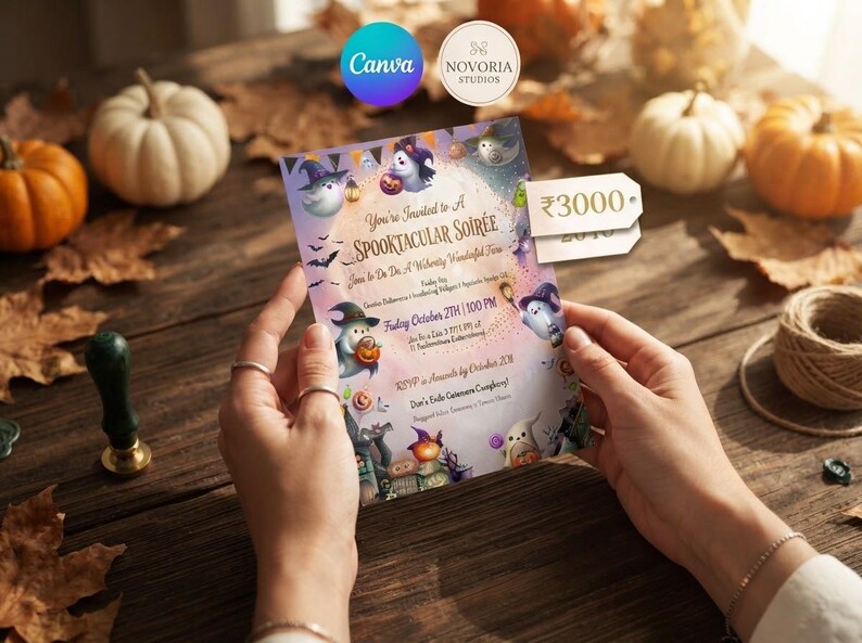 K&ouml;nnte beinhalten: Eine rechteckige Halloween-Einladungskarte mit Illustrationen von Geistern mit Hexenh&uuml;ten, K&uuml;rbissen und Flederm&auml;usen auf einem violett-orangen Hintergrund. Der Text lautet You're Invited to A SPOOKTACULAR SOIR&Eacute;E und enth&auml;lt Veranstaltungsdetails.