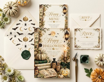 Könnte beinhalten: Ein Halloween-Briefpapier-Set mit Menükarte, RSVP-Karte und einem Umschlag mit Fledermaus- und Kürbismuster. Die Karten zeigen goldenen Text sowie Illustrationen von Kürbissen, Büchern, Zaubertrankflaschen und Kerzen auf cremefarbenem Grund.