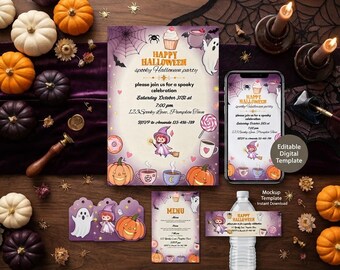 Könnte beinhalten: Ein Halloween-Party-Einladungsset mit einem violett-cremefarbenen Hintergrund, illustriert mit einem Geist, einer Hexe, Kürbissen, einem Cupcake und einem Spinnennetz. Der Text lautet Happy Halloween und enthält die Details zur Veranstaltung.