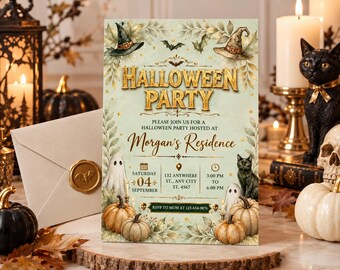 Könnte beinhalten: Eine rechteckige Halloween-Party-Einladungskarte mit hellgrünem Hintergrund, goldener Schrift und Illustrationen von Hexenhüten, Geistern, Kürbissen, einer schwarzen Katze und Fledermäusen. Der Text lautet Halloween Party, Morgan's Residence, Saturday 04 September, 132 Anywhere St., Any City, St., 4567, 3:00 PM to 6:00 PM, und RSVP to Mom at 123-654-9876.