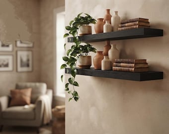 Modern Black Wall Shelves Set of 2, 22.5 Inch Wall Mounted Shelving, Floating Book Shelf, Bathroom Kitchen Decor Storage