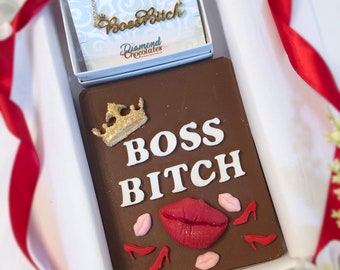 Boss Bitch Necklace and Chocolates - Gold or Silver Boss Bitch Necklace with Chocolate Bar - Friend or Boss Gift - Chocolate Boss Bitch