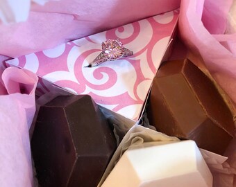 Diamond Shaped Chocolates and Pink Gemstone Ring -  Pink Gemstone Ring - Birthday Gif Box - Anniversary Gift Box - Chocolate Diamonds