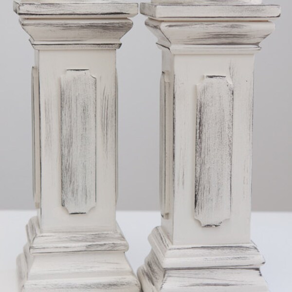 Wood Pillar CANDLE HOLDERS wooden candle STICKS candles votive white vintage distressed