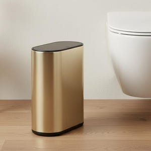 Könnte beinhalten: Ein hoher, ovaler Abfalleimer mit gebürsteter goldener Metalloberfläche und einem soliden schwarzen Deckel. Der Mülleimer verfügt über einen glatten, zylindrischen Körper mit abgerundeten Kanten und einem schwarzen Boden, der auf einem hellen Holzboden steht.