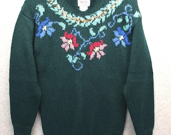 SKYR Vintage 80s Sweater Floral Knit Wool Green Pullover Round Neck S
