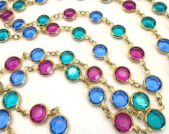 Swarovski Bezel Necklace Vintage Multi-Color Crystal Station Long Gold Tone