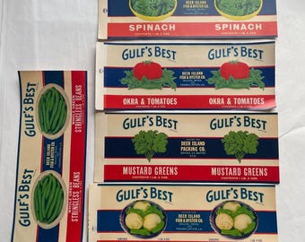 Lot de 5 étiquettes de conserve Gulf's Best vintage de Deer Island Fish & Oyster Co.