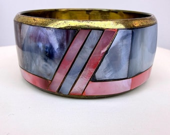 Vintage 80s Bangle Blue Pink Mother of Pearl Inlay Geometric Statement Cuff