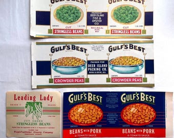 Lote de etiquetas vintage para latas Gulf's Best Leading Lady Beans Peas Ephemera NOS 4 piezas