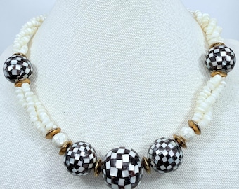 Mosaic Mother of Pearl Necklace Checkered Beads Multi Strand White Black Vintage