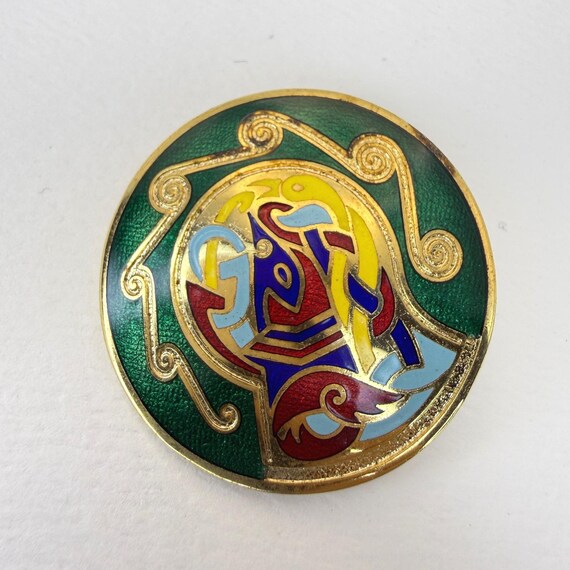 Vintage Celtic Enamel Brooch Gold Tone Colorful Knotwork Zoomorphic Pin