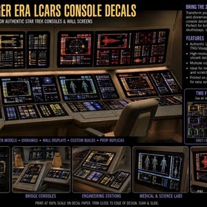 May include: A collection of TNG/Voyager era LCARS console decals featuring high-resolution graphics for Star Trek models and dioramas. The set includes two full sheets of detailed interface designs, including engineering, tactical, and medical displays.