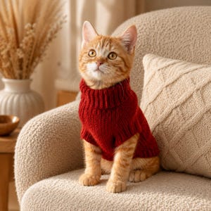 Può includere: Un gatto soriano arancione indossa un maglione in maglia rosso scuro a tinta unita con collo alto a coste. Il gatto ha occhi giallo brillante ed è seduto dritto, guardando leggermente verso l'alto. Il maglione presenta una trama spessa.