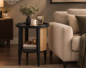 May include: A round black side table featuring a natural cane webbing insert on the curved side panel. The table has a flat top surface and a lower shelf, supported by four tapered legs. It holds a vase, a mug, a small frame, and books.
