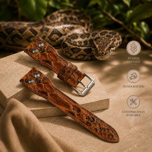 May include: A brown python leather watch strap featuring two silver-tone metal rivets near the lug end and a silver-tone buckle. The text on the right side includes Python Leather, Handcrafted, and Customization Available with corresponding icons.