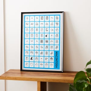 Puede incluir: Un póster enmarcado que presenta una cuadrícula de iconos de computadora Macintosh en blanco y negro sobre un fondo azul brillante. La palabra MACINTOSH está impresa verticalmente en letras mayúsculas negras en el lado derecho de la cuadrícula.