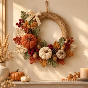 Puede incluir: Una corona circular envuelta en cuerda beige, decorada con calabazas de ganchillo naranjas y crema, hojas de roble verdes y marrones, pequeñas piñas, bellotas y racimos de bayas de color rojo oscuro. Un lazo de tela beige está fijado arriba.