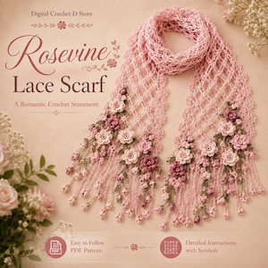 May include: A light pink crochet lace scarf featuring an open diamond pattern and embellished with clusters of small, three-dimensional pink and dark rose flowers. The text reads Digital Crochet D Store, Rosevine Lace Scarf, A Romantic Crochet Statement, Easy to Follow PDF Pattern, and Detailed Instructions with Symbols.