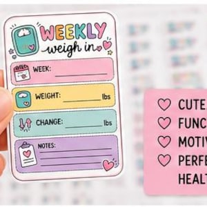 May include: A rectangular sticker featuring the text WEEKLY weigh in, with sections for WEEK, WEIGHT: lbs, CHANGE: lbs, and NOTES. The design includes pastel colors, icons of a scale, calendar, and clipboard, plus small pink hearts throughout the layout.