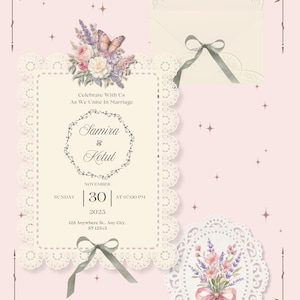 Peut inclure: Un ensemble de faire-part de mariage en papier crème avec des bords découpés en dentelle, des illustrations florales et un papillon. Le texte indique : You are invited, Celebrate With Us As We Unite In Marriage, Samira & Ketut, November 30, 2025, Sunday at 07:00 PM, 123 Anywhere St., Any City, ST 12345, et We'd Love to See You There!