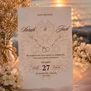 Peut inclure: Une carte Save the Date rectangulaire blanche avec les noms Sarah & Jack, un motif d'anneaux et le texte détaillant un mariage le vendredi 27 décembre à 20h au 123 Anywhere St., Any City, ST 12345, ornée de motifs de volutes complexes.