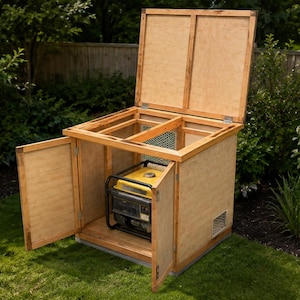 Puede incluir: Una estructura de madera de color marrón claro con una tapa superior abatible y dos puertas frontales, diseñada para albergar un generador portátil amarillo. La estructura cuenta con un marco rectangular, paneles laterales sólidos y una rejilla de ventilación.