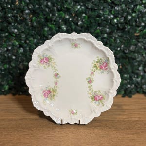 Antique MZ Austria Porcelain Plate, 1890s Moritz Zdekauer Pink Cabbage Rose Swag Cabinet Dish, Scalloped Shell Ruffle Rim Bohemia