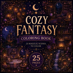 May include: A square colouring book titled COZY FANTASY COLOURING BOOK with 25 MAGICAL SCENES TO COLOUR and 25 PAGES printed on the cover. The dark purple and gold cover features illustrations of a castle, a bathtub, a waterfall, and a cosy room.