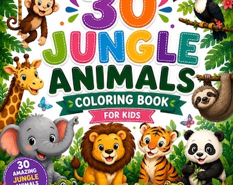 Libro para colorear de 30 animales de la selva para niños / Páginas de actividades divertidas con animales (Descarga digital)