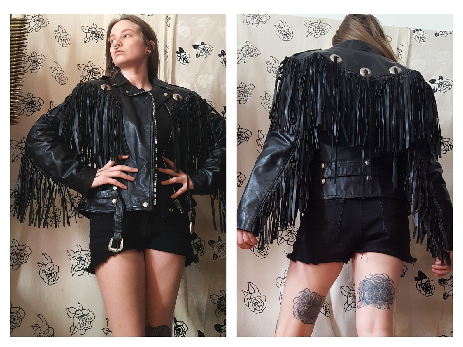 Black leather jacket with tassels Etsy