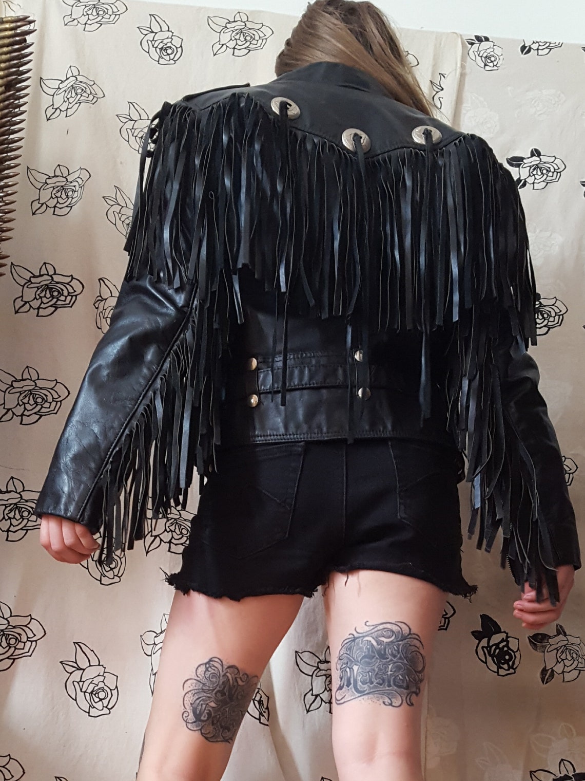 Black leather jacket with tassels Etsy