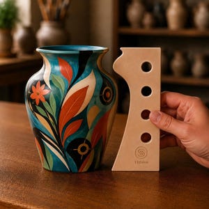 Op de afbeelding: Een keramische vaas met een levendige blauwgroene achtergrond, beschilderd met oranje bloemen en groene bladeren. Naast de vaas staat een licht houten meetinstrument met vier ronde uitsparingen, gemarkeerd met een S-logo en 180mm.